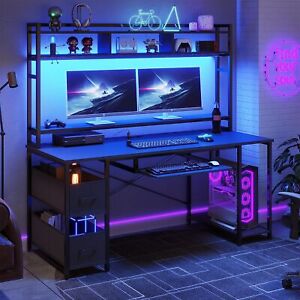 Gaming Desk with LED Lights Computer Desk with Storage Shelves & Monitor Stand