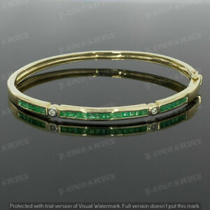 14k Yellow Gold Over 3.00Ct Princess Cut Emerald & Diamond Solid Bangle Bracelet