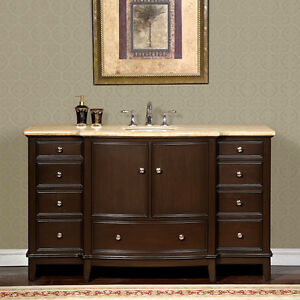 60-inch Travertine Stone Counter Top Bathroom Single Sink Vanity Cabinet 0237TR