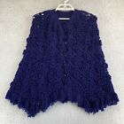 Vintage Handmade Crocheted Shawl Cape Poncho Blue Floral Crochet Tie Front
