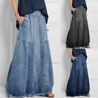 Womens Retro Elastic High Waist Frayed A-Line Maxi Lady Denim Long Skirt Pockets