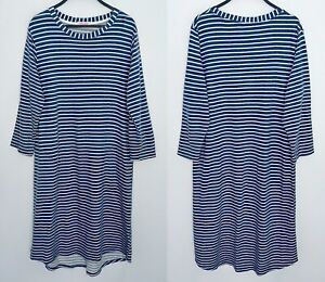 FRESH PRODUCE Relaxed Knit Shift Dress 3/4 Sleeve Beach Nautical Striped Blue L