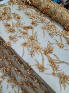 Gold Lace 3d Floral Flowers Embroidered Mesh Fabric By The Yard  For Dress Prom