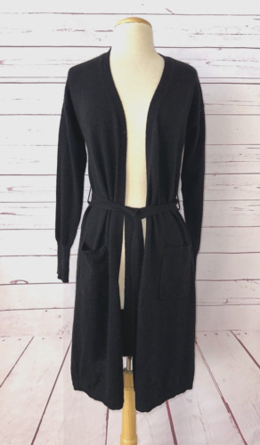 NWT $229 CHARTER CLUB Sz PM 100% Cashmere Belted Long Cardigan Sweater Black Y24
