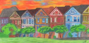 New ListingOriginal Pencil Drawing Houses Sunset Folk Art Colorful Art Deco Bright Cheerful