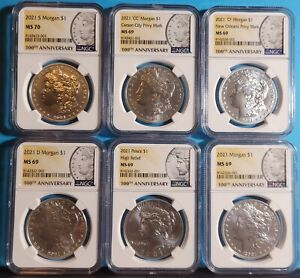 2021 NGC MS69 Morgan & Peace 100th Anniversary 6 Coin Set P D O CC (S is MS70)
