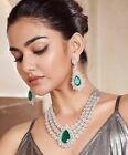 Silver Plated Bollywood Style CZ AD Choker Necklace Indian Green Jewelry Set