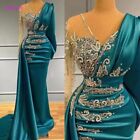 Luxury Long Sleeve Mermaid Evening Dresses Sparkly Crystals Elegant Satin Gowns