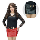 Women Sexy Faux Leather Fashion Mini Skirt with Belt & Back Zipper, Black & Red