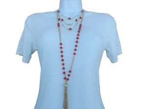 Layered Red Crystal Bead Necklace Gorgeous Tassel Long Beaded New