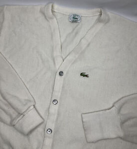 Vintage Izod Lacoste Cardigan Sweater Retro 80s 90s Ivory Cream Alligator Men L