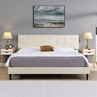 King Size Platform Bed Frame with Fabric Upholstered Headboard and Wooden Slats