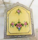 ANTIQUE VINTAGE GUILLOCHE YELLOW FLORAL ENAMEL ENGINE TURNED FLORAL COMPACT