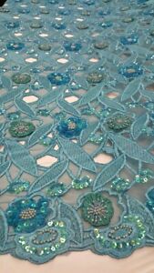 Turquoise Lace 3D Floral Flowers Sequin Embroidery  Fabric By The Yard Fashion