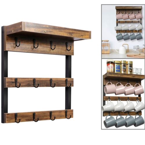 Rustic Mug Rack Cup Holder Wall Mounted with Open Shelves & 12 Sturdy Hooks