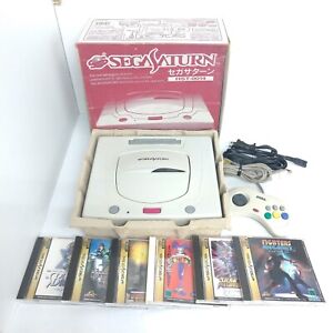 Sega Saturn White Console Boxed bundle with 6 Japanese games tested 0421