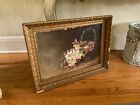 Antique Floral Oil Painting 1885 On Canvas Chunky Gold Frame