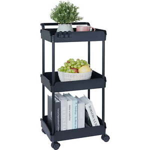 New Listing3-Tier Kitchen Rolling Cart Basket Utility Cart on Wheel with Handle Black