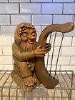Vintage ANRI Italy Wood Carved Wooden Gnome The Man Playing A Harp 5 1/2 Inches