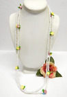 VINTAGE GOLD TONE, WHITE CRYSTAL & MULTICOLOR FLOWER BEAD NECKLACE 30