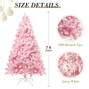 Pink Flocked Christmas Tree Artificial Xmas Tree Holiday Decor w/Metal Stand
