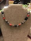 VINTAGE ESTATE BALI STYLE STERLING SILVER BEADED NECKLACE RED CORAL ONYX 16”