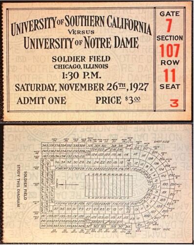 New Listing1927 US Football Ticket Southern California vs Notre Dame, Soldier Field *d