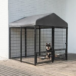 Outdoor Dog Playpen Pet Metal Cage Fence Kennel w/Waterproof Cover Feeding Doors