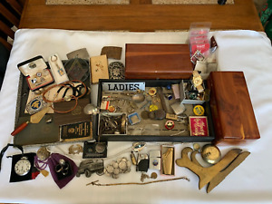 VINTAGE MEN'S MIXED JUNK DRAWER LOT W/,POCKETWATCHES,STERLING,UNUSUAL SMALLS,++