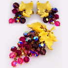 Vintage Gold Tone Leaf Pink Purple AB Crystal Bead Grapes Brooch Earrings Set