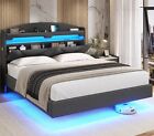 Queen Size Floating Bed Frame with Hidden Storage LED Upholstered Platform Bed