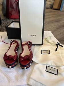 Gucci Barbette Pearl Embellished Red Leather Espadrille Sandals 37