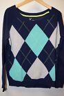 Apt 9 Womens Cashmere Navy Blue Mint Green Argyle Crewneck Pullover Sweater L 12