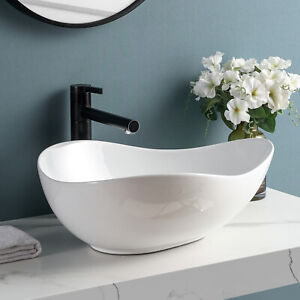 Bathroom Sink Vessel Art Basin Ceramic Sink Countertop Sink+Pop-up Drain White