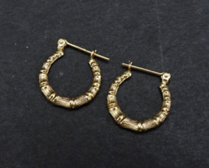 Vintage Bamboo Style Hoop Earrings Fine Solid 14K Yellow Gold Jewelry