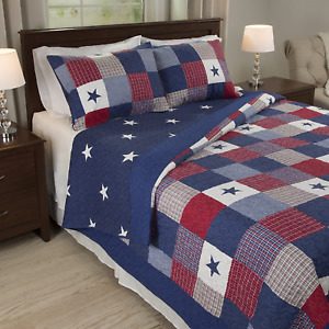 Americana Bedding Stars 3 Pc Quilt Set King Size Red White and Blue Country New