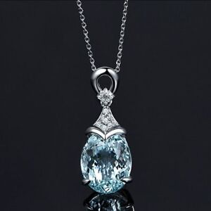 Women Fashion Gemstone Natural Chain Aquamarine Jewelry Necklace Pendant Silver