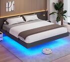 King Size Floating Bed Frame with LED Lights, Modern Upholstered Platform Bed