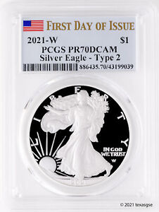 2021 W Type 2 $1 Silver American Eagle PCGS PR70 FDI Flag Label