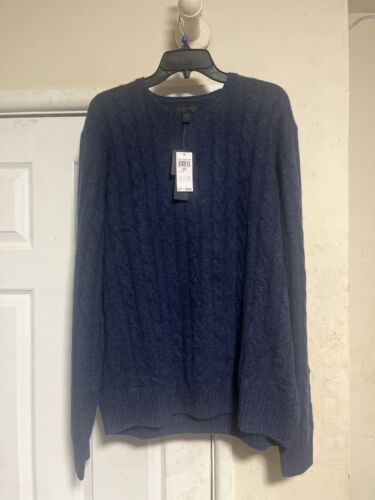 Magaschoni Men's Blue Navy Cable Knit 100% Cashmere Crew-Neck Sweater $248
