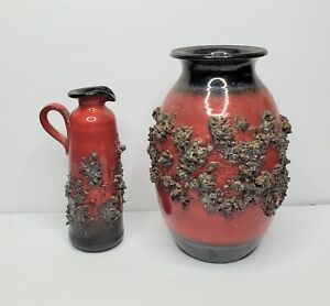 New ListingIslandic GLIT HF Handmade LAVA Signed Art Pottery Red/Black Pitcher/Vase Lot 2
