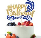 Summer Happy Birthday Cake Topper - Gold & Blue Glitter Surfing Beach Cake Decor