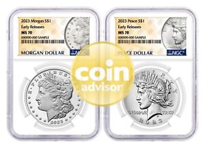 2023 $1 Morgan & Peace Dollar 2 Coin Set NGC MS70 Early Releases Design Label