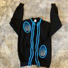 VINTAGE Jerzees Cardigan Women’s XL Embroidered Abstract Fleece Lined Black Blue
