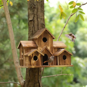 Outside Wooden Bird Houses Hanging 6 Hole Handmade Natural House Bird HOT