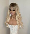 Blonde Brown Ombre Wig - Long wavy Heat Resistant Human Hair Blend With Bangs