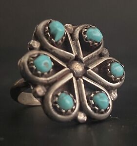 Native American Navajo Petit Point Turquoise Sterling Silver Old Pawn Ring
