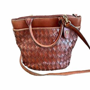 Vtg Etienne Aigner Brown Leather Purse Crossbody Bucket Handbag Basket Weave