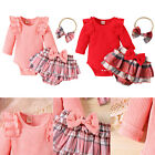 Newborn Baby Girls Ribbed Romper Heandband Pleated Plaid Skirt Outfits Clothes