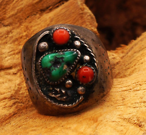 Huge Vintage Navajo Old Pawn Style Turquoise Coral Silver Dome Ring Size 11.25